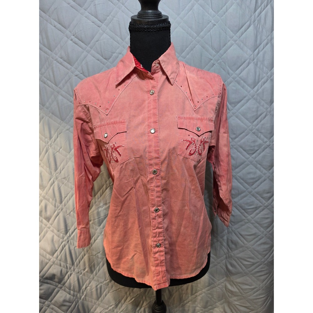 Wrangler Rock 47 Pink Western Snap Shirt XXL Embroidered Rhinestone Distressed